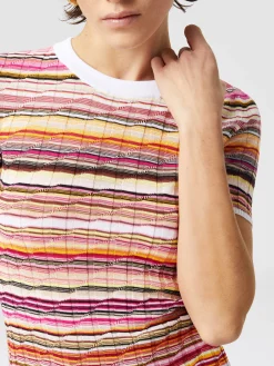 Pull côtelé rayé en coton et viscose à manches trois-quarts