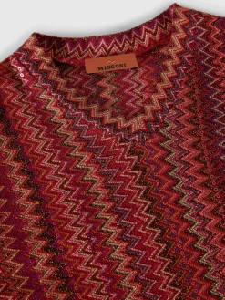 Robe caftan en viscose et lamé avec motif chevron et franges