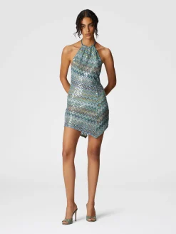 Robe courte asymétrique couvrante en viscose lamé zigzag à sequins