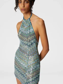 Robe courte asymétrique couvrante en viscose lamé zigzag à sequins