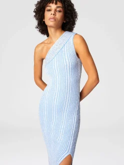 Robe longue à une épaule côtelée avec paillettes et fente