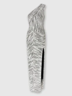 Robe longue asymétrique à motif lamé grec et fente