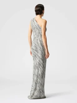 Robe longue asymétrique à motif lamé grec et fente