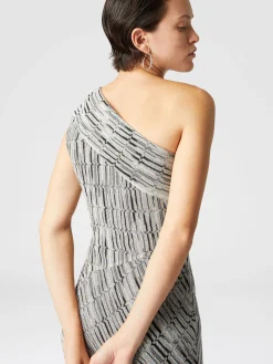 Robe longue asymétrique à motif lamé grec et fente