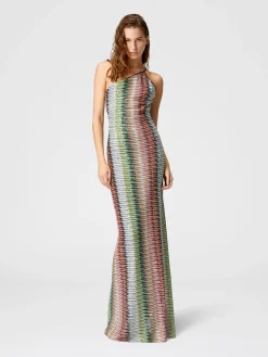 Robe longue asymétrique en maille zigzag dégradée à sequins