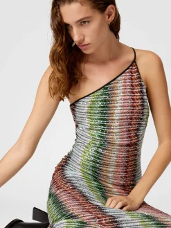 Robe longue asymétrique en maille zigzag dégradée à sequins