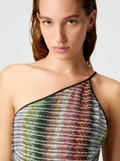 Robe longue asymétrique en maille zigzag dégradée à sequins