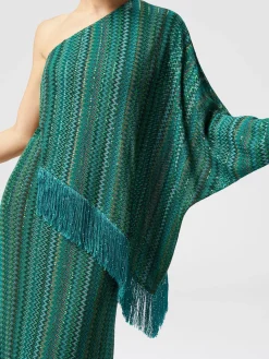 Robe longue asymétrique en zigzag avec paillettes et franges