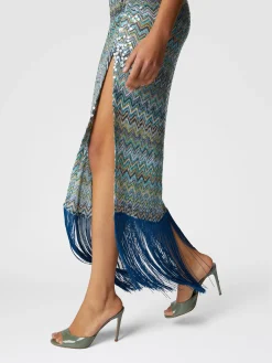 Robe longue couvrante asymétrique en viscose lamée zigzag avec paillettes et franges