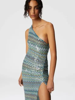 Robe longue couvrante asymétrique en viscose lamée zigzag avec paillettes et franges