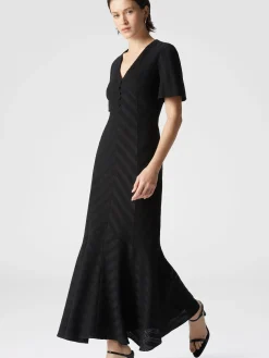 Robe longue en coton et viscose zigzag avec ourlet évasé