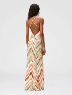 Robe longue en viscose avec décolleté en V en dentelle à motif zigzag