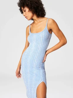 Robe midi côtelée sans manches avec paillettes et fente