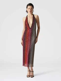 Robe midi partialisée rayée à sequins et col en V