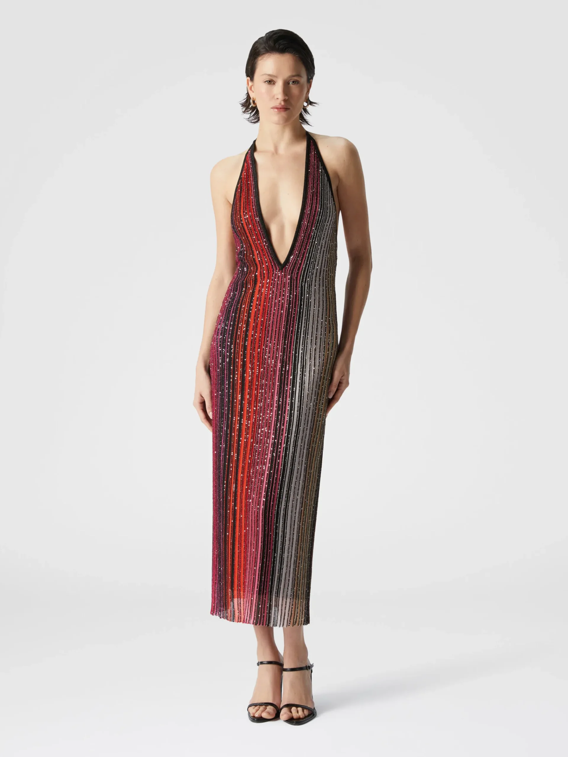 Robe midi partialisée rayée à sequins et col en V