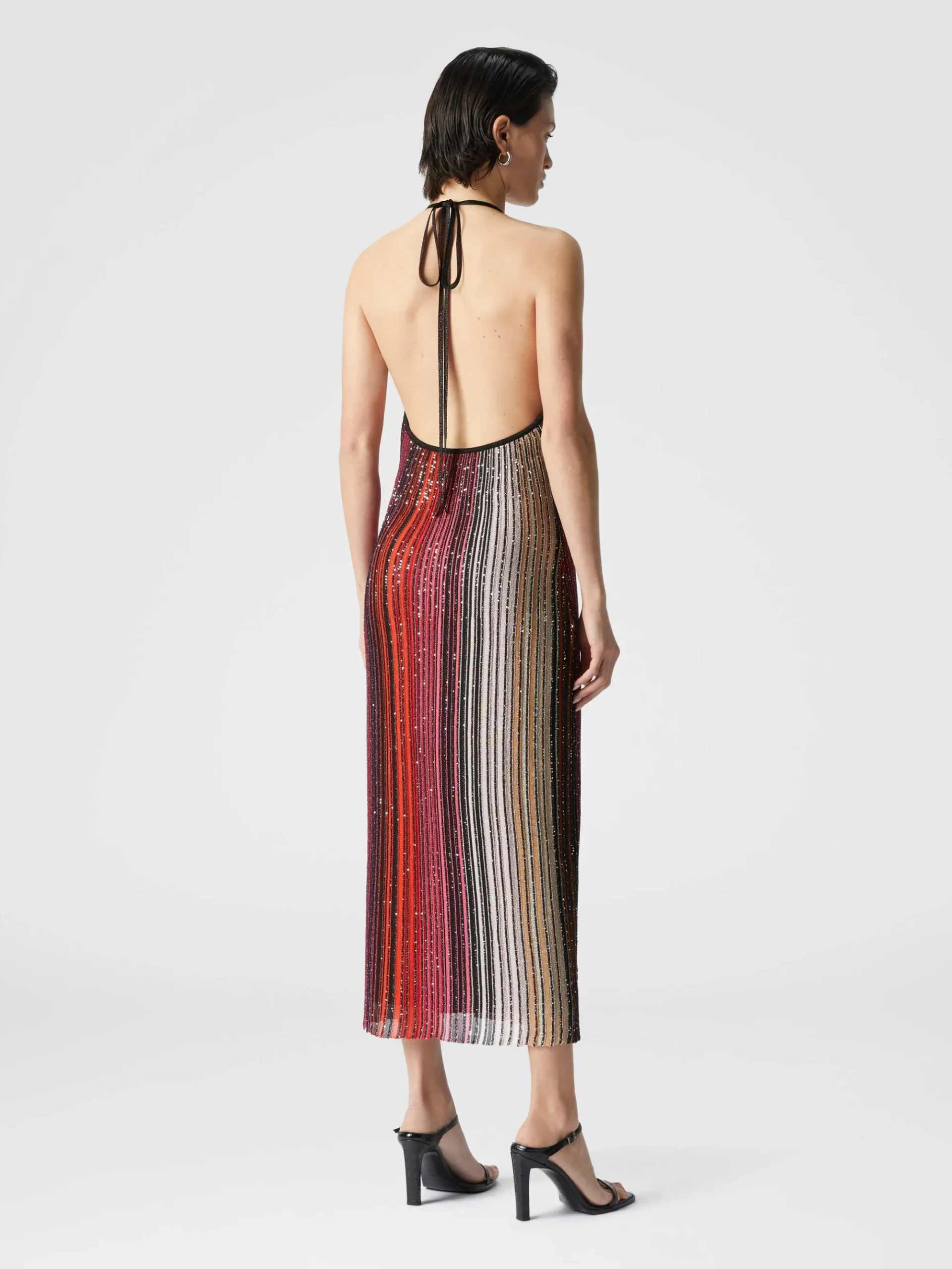 Robe midi partialisée rayée à sequins et col en V