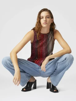 Top sans manches à rayures partielles avec paillettes