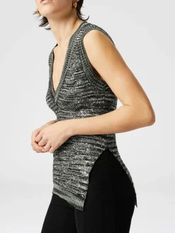 Top sans manches en maille flammée à sequins et col en V
