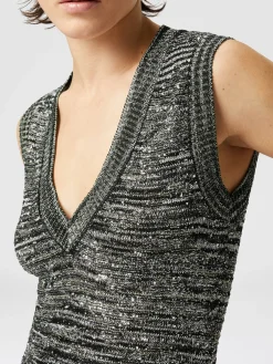 Top sans manches en maille flammée à sequins et col en V