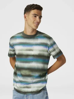 T-shirt à col rond en coton avec imprimé dégradé micro zigzag