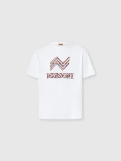 T-shirt à col rond en coton avec empiècement en zigzag et inscription du logo