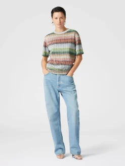 T-shirt à col rond en maille zigzag dégradée avec paillettes