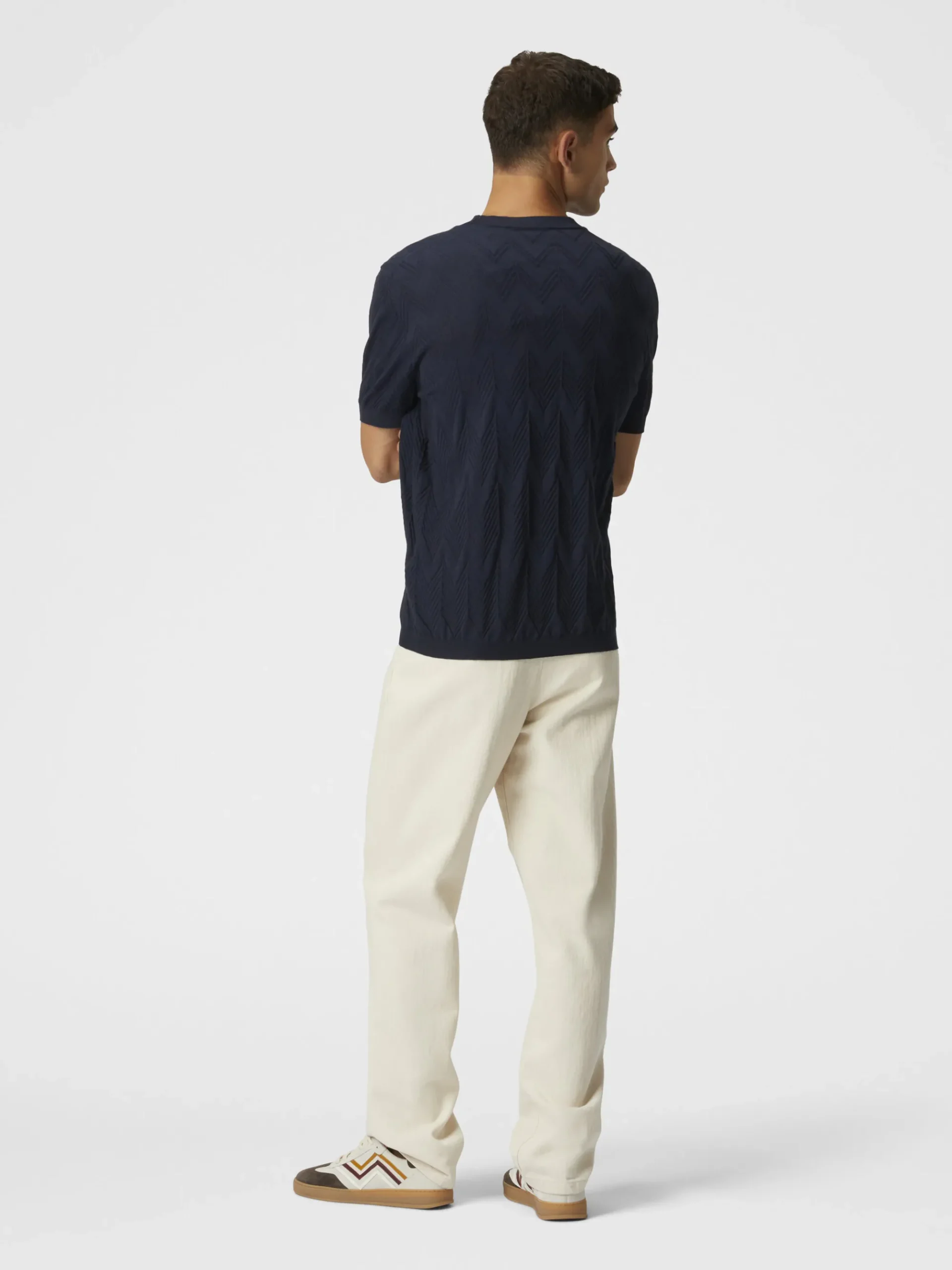 T-shirt à col rond en maille de coton et soie avec chevron 3D