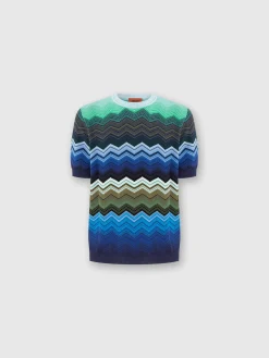 T-shirt à col rond en maille de coton zig zag avec passepoil contrasté