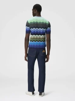 T-shirt à col rond en maille de coton zig zag avec passepoil contrasté