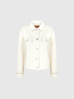 Veste en jean avec empiècements grecs en zigzag